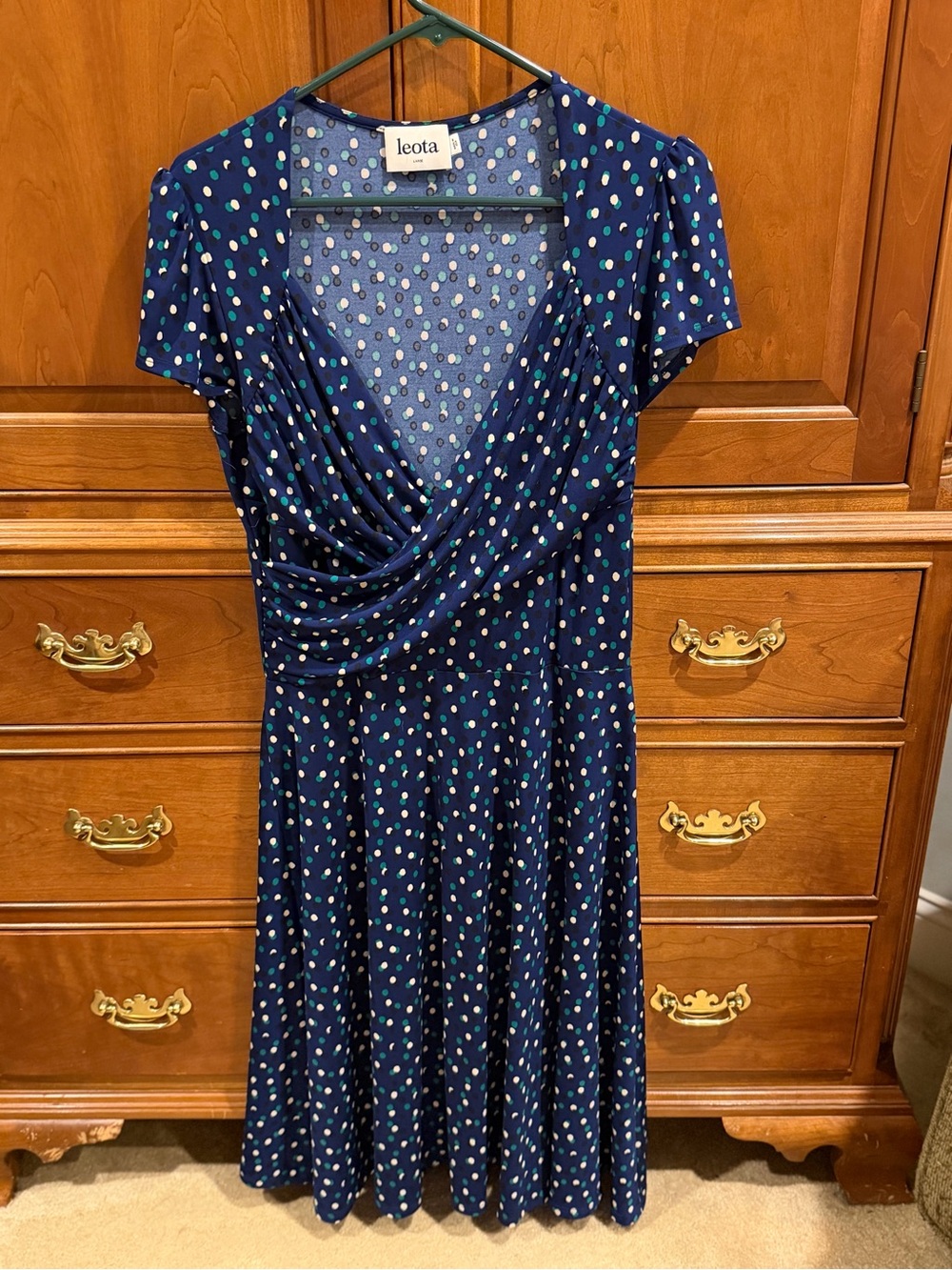 Leota Navy Polka Dot Faux Wrap Dress with Teal & White Dots